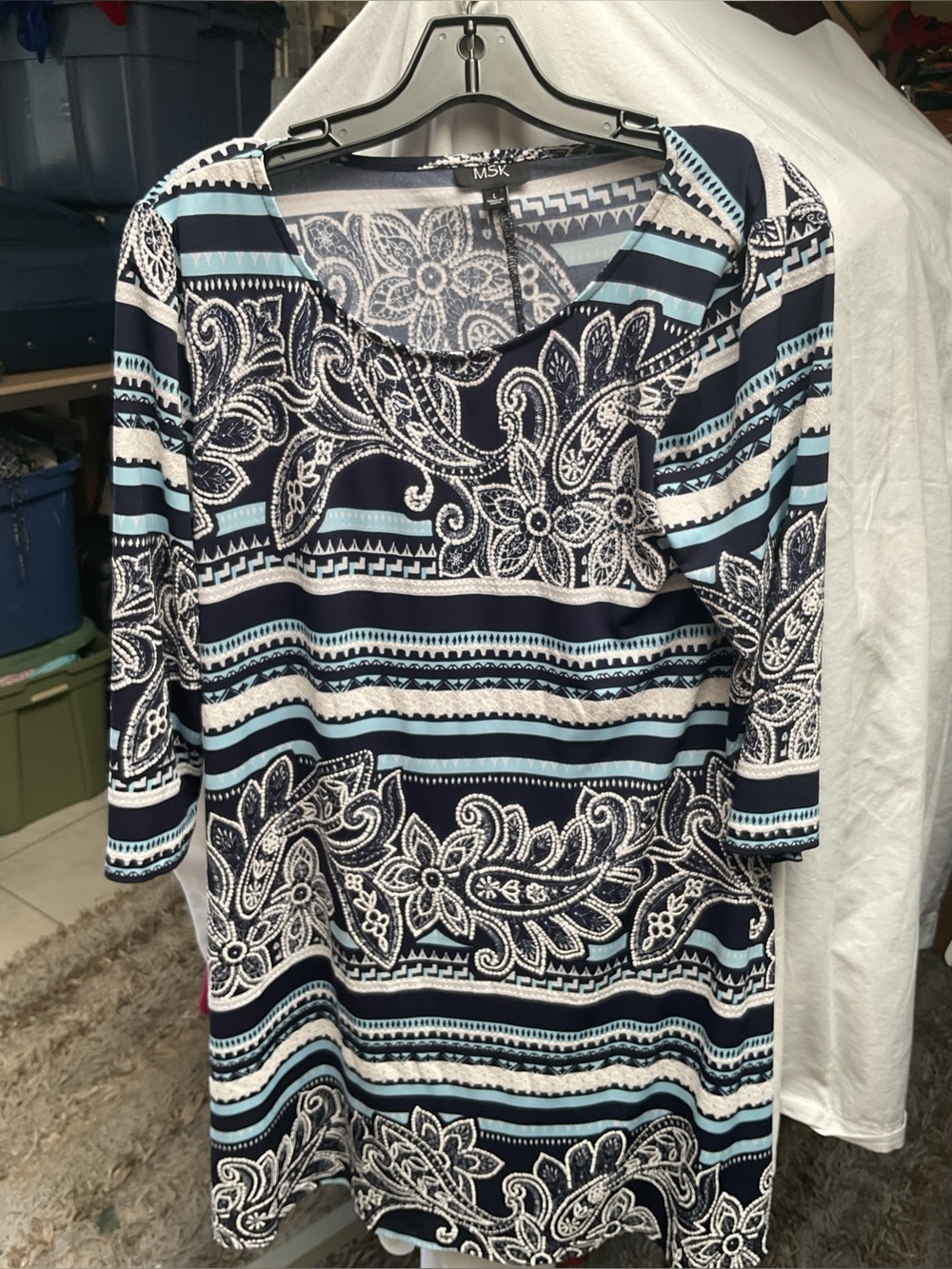 MSK Navy, Light Blue and White Floral-Stripe Tunic